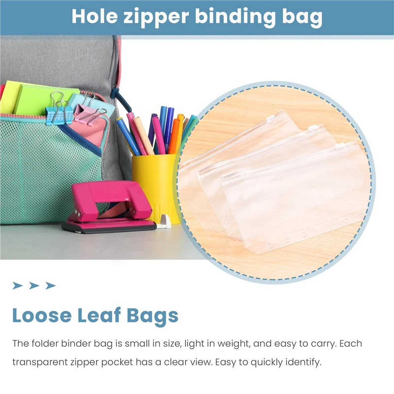 

34 PCS Binder Pockets A6 Size 6 Holes Zipper Binder Pouch Folders Clear Waterproof PVC Loose Leaf Bags For 6 Ring Binder