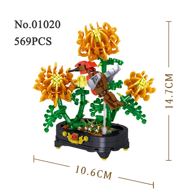 Bonsai Flower Plant Pot Series Building Block MOC Orchid Plum Bouquet DIY Assembly Bricks Toy For Children Home Decor Gift