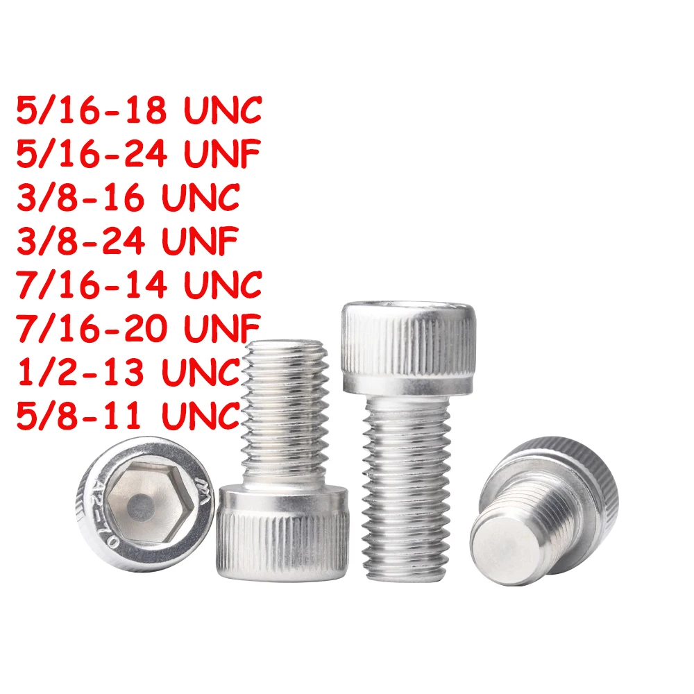 DIN912 5/16'' 3/8'' 7/16'' 1/2'' 5/8'' UNC UNF SUS304 A2 Stainless Steel Hex Socket Knurled Cap Head Bolts Allen Key Screws