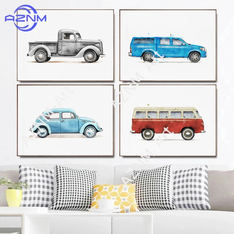 Vintage Car Bus Pickup Cartoon Watercolor Illustration Posters Prints Canvas Painting Wall Art Picture Living Room Home Decor