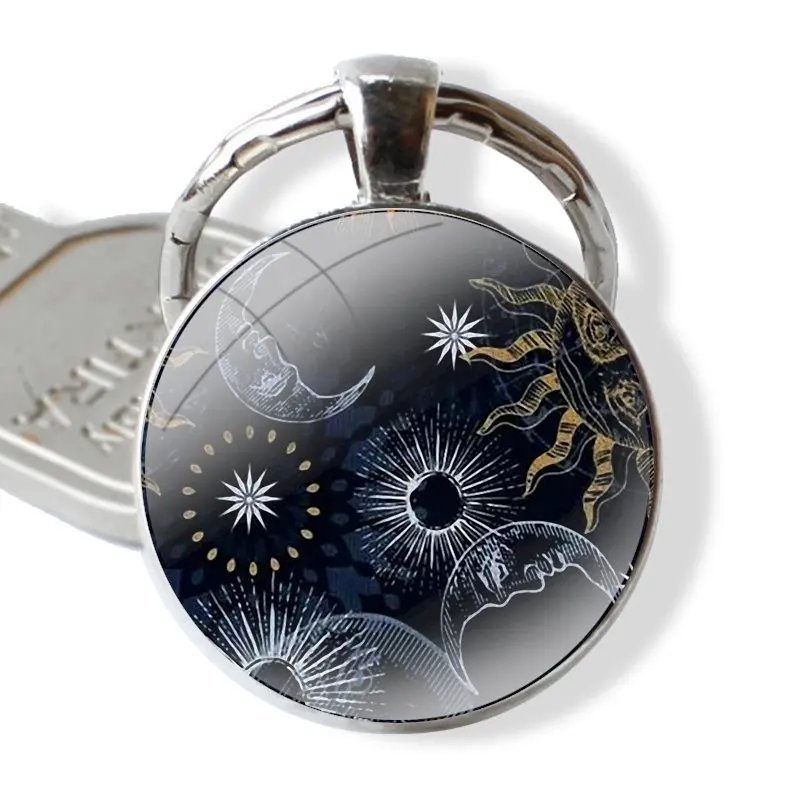 sun and moon Art Glass Metal Pendant Key Chain Classic Men Women Key Ring Accessories Jewelry Gifts