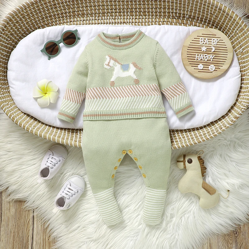 Baby Romper Knitted Infant Girl Boy Jumpsuit Fashion Blue Striped Cute Horse Toddler Kid Clothes 0-9M Newborn Overalls One Piece