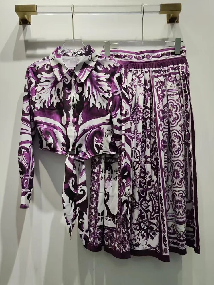 

Retro geometric printed lapel short lace-up shirt two-piece set for 2025 Autumn women's wear + high-waisted loose skirt set