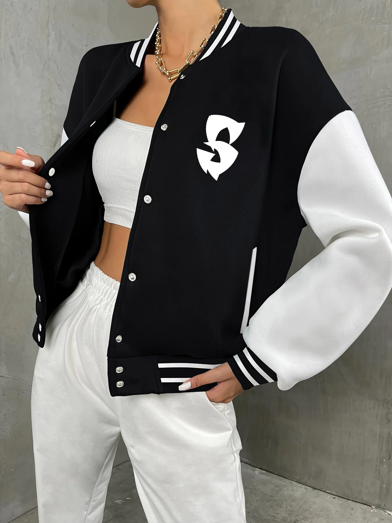

Women's and Men's School Team Jackets Black and White Color Block Jackets Button Front Daily Wear Autumn and Winter Jackets