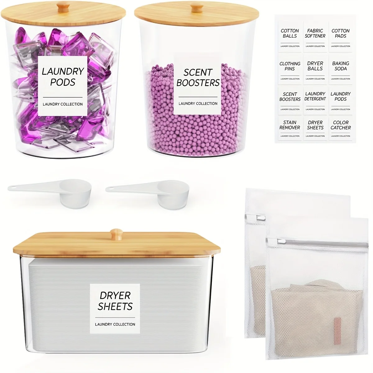 Laundry Room Organization - Dryer Sheet Holder, Laundry Pods Container, Clear Laundry Detergent Dispenser with Scoops Labels