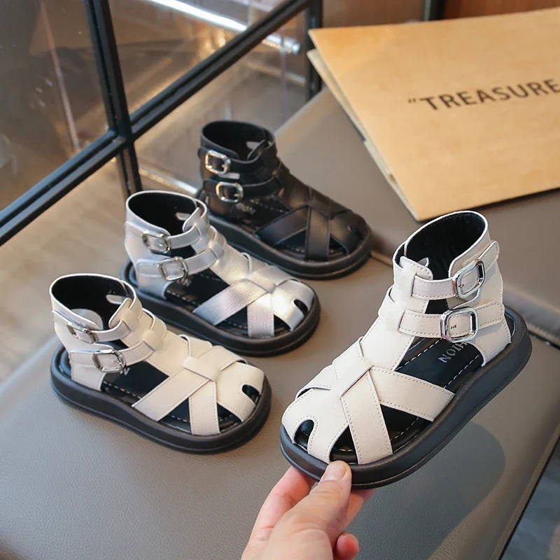 Kids PU Leather Cage Sandals for Girls 2025 Summer Non-slip High Top Toddler Roman Shoes Chic Comfort Classic Fisherman Sandals