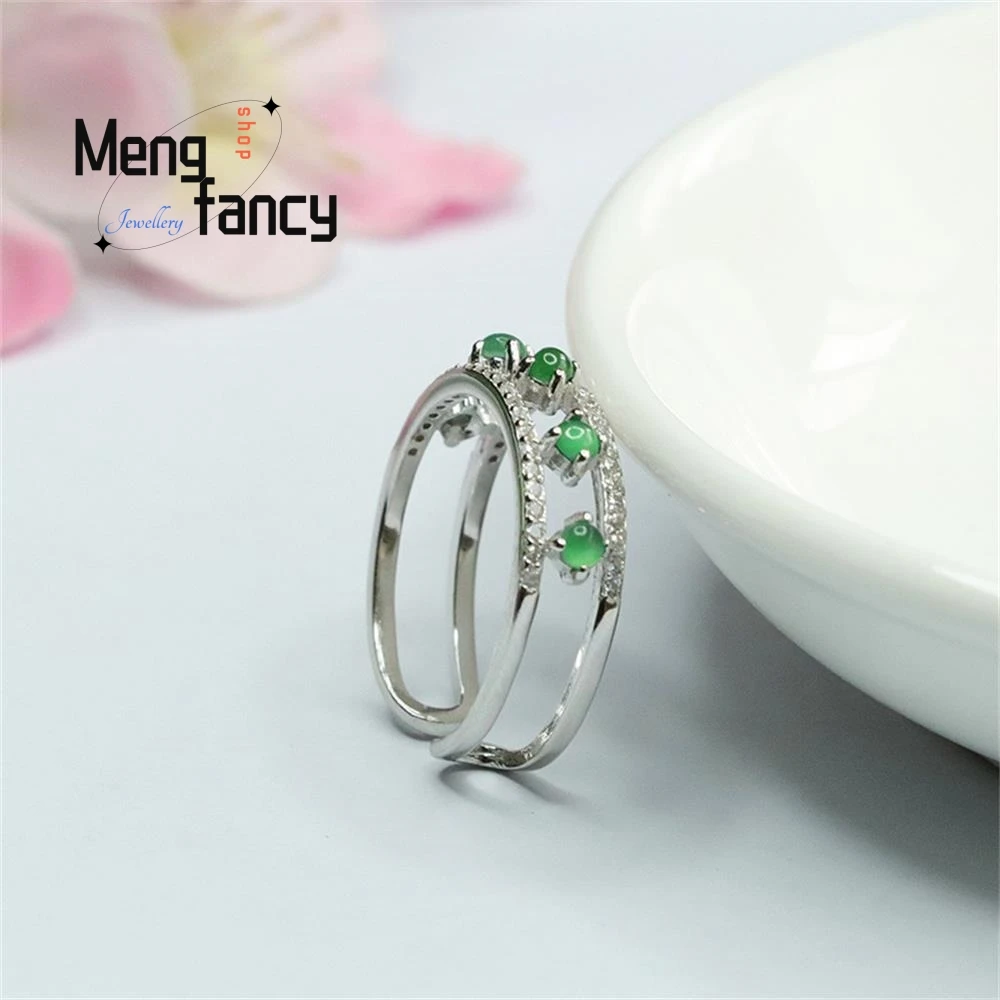 S925 Silver Inlaid Natural Jadeite Exquisite Elegant Simple High-grade Ice Type Imperial Green Open Ring Couple Fashion Jewelry