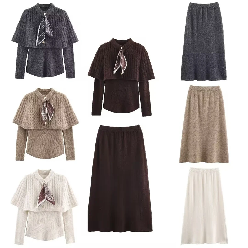 Long-sleeve top, paired with a mid-length skirt with polka Retro brown, dark gray, white, khaki knitted set with shawl sweater