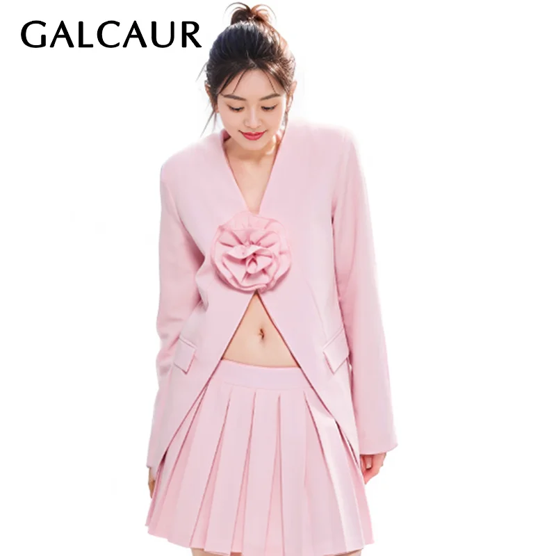 

GALCAUR Spliced Pocket Solid Coat For Women V Neck Long Sleeve Patchwork Appliques Temperament Blazer Female Fashion Style