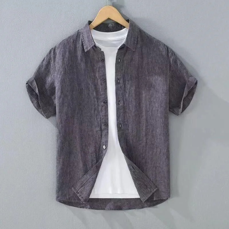

Summer Ice Silk Thin Short Sleeve Men's Shirt Loose Breathable Retro Japanese Style Turn-down Collar Casual Slim Fit Shirt