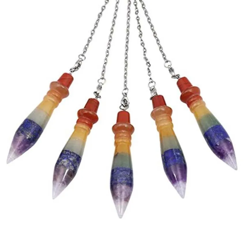 Natural Fluorite 7 Chakra Crystal Stone Pendulums For Healing Quartz Reiki Dowsing Divination Pendulum Pendulo Pendant Jewelry