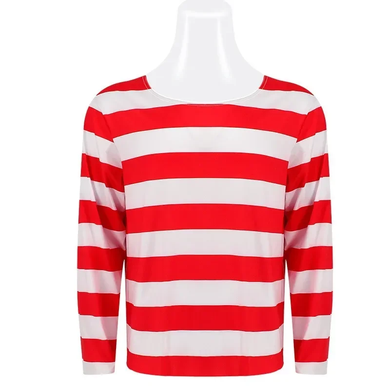 Cartoon Anime Wheres Wallys Cosplay Costumes Long Sleeved T-shirt for Man Woman Kids Smart Wally Cosplays Waldo with Hat Glasses