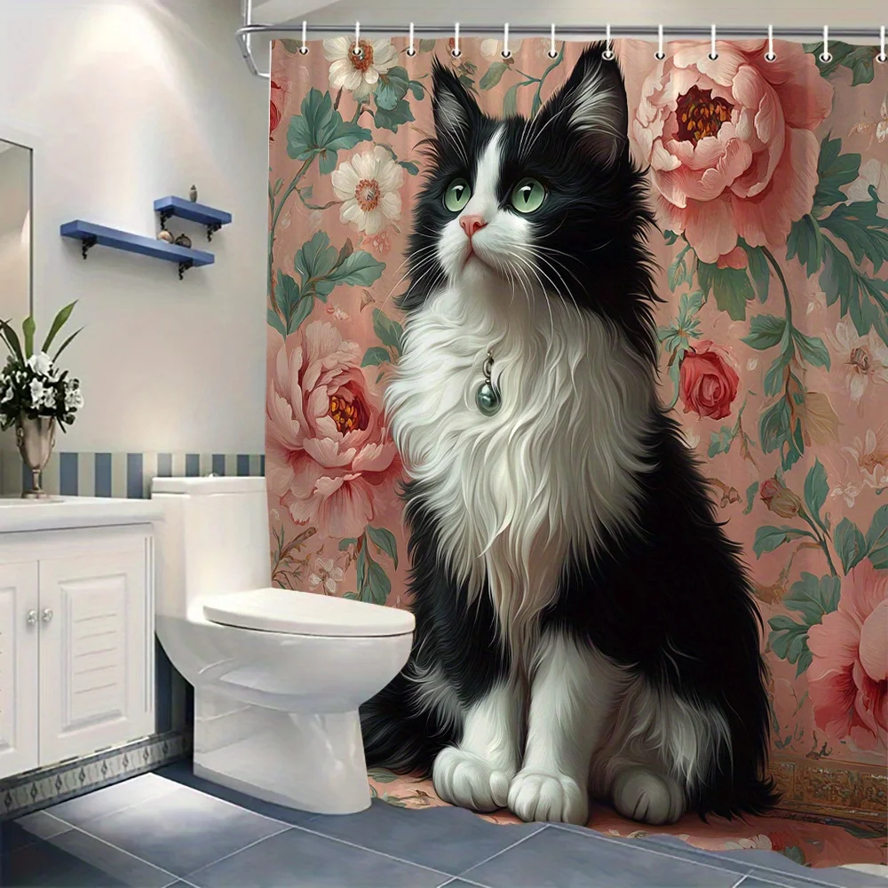 Elegant Black and White Cat with Flowers Shower Curtain Waterproof Easy to Clean Privacy Protection Print Pet Art Design Vintage