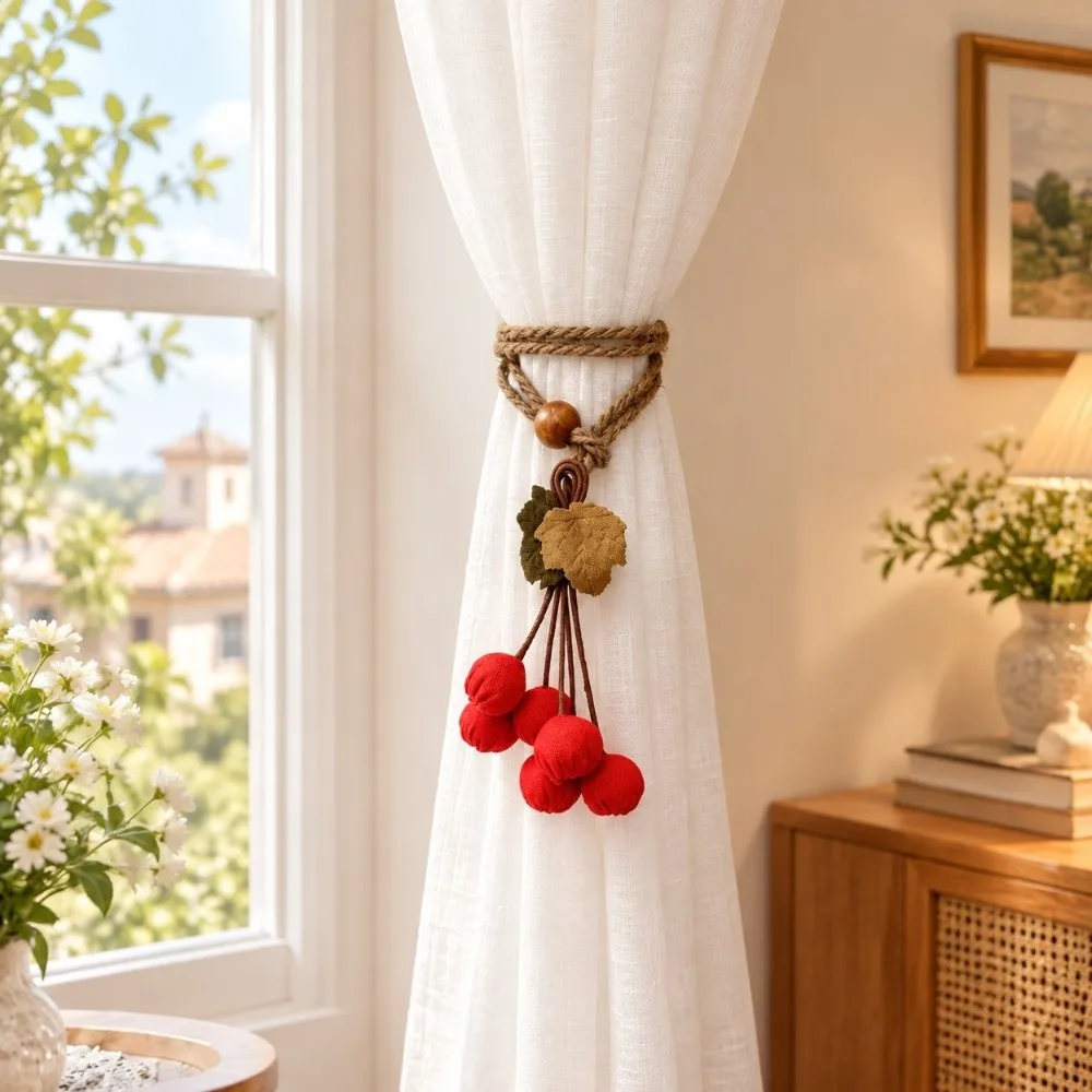 Artificial Maple Leaf Curtain Tiebacks Hawthorn Berry Strands Polyester Hanging Ball Tieback Decorative Pastoral Style
