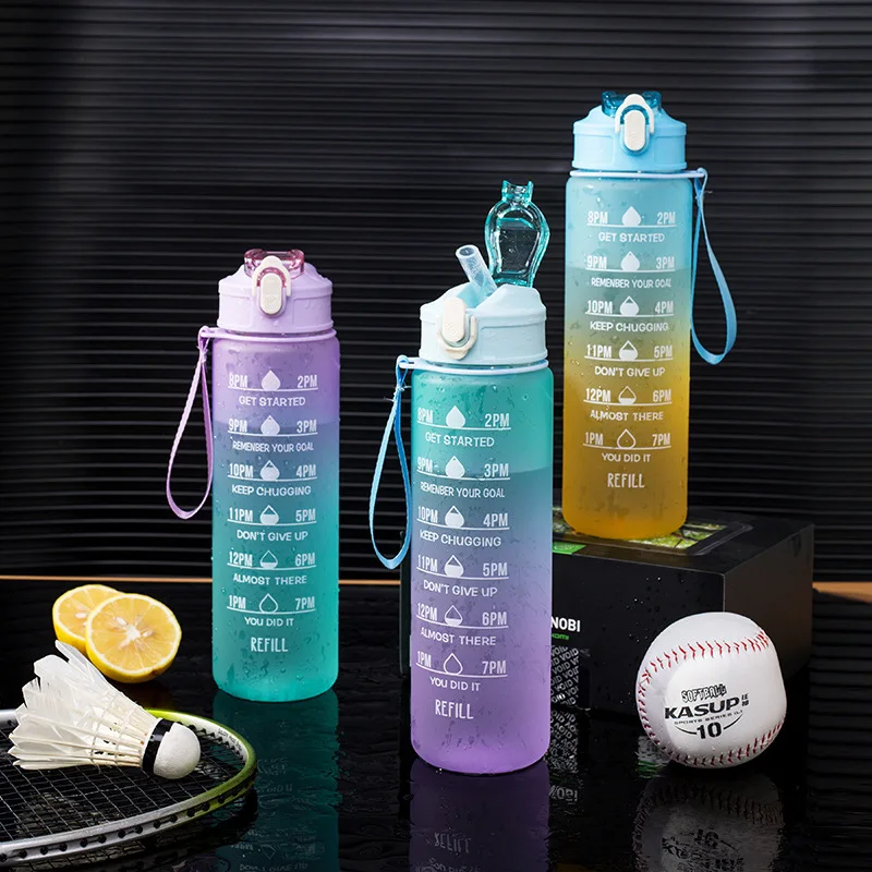 500ml Sports water Bottle High Temperature Resistant Graduated Straw Cup Rainbow Frosted Progressive Color Water Cup Plastic Cup
