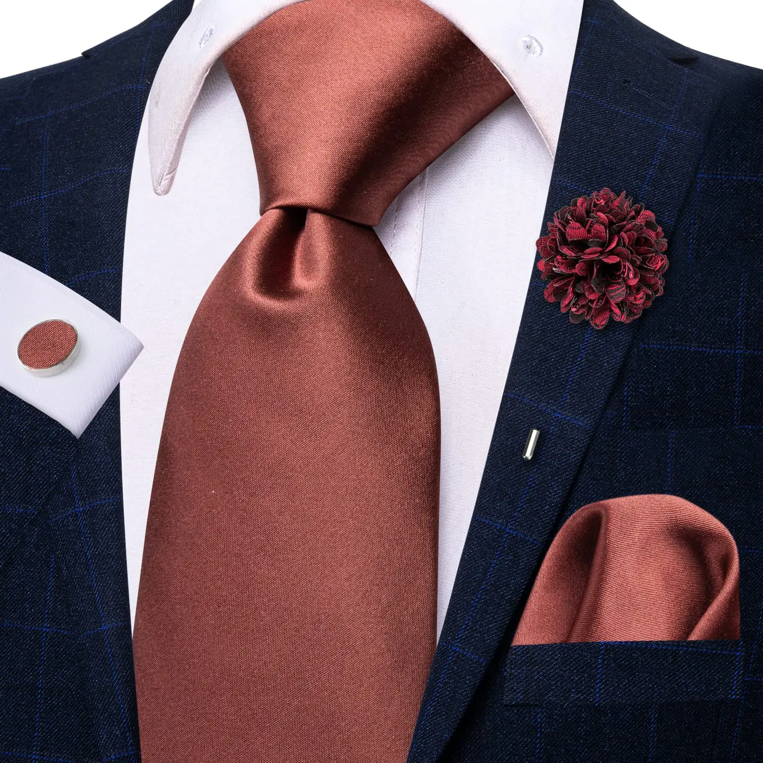 

2023 New Burgundy Solid Silk Business Tie Hi-Tie Designer Men Necktie Luxury 8.5cm Hanky Cufflink Brooch Wedding Tie For Men