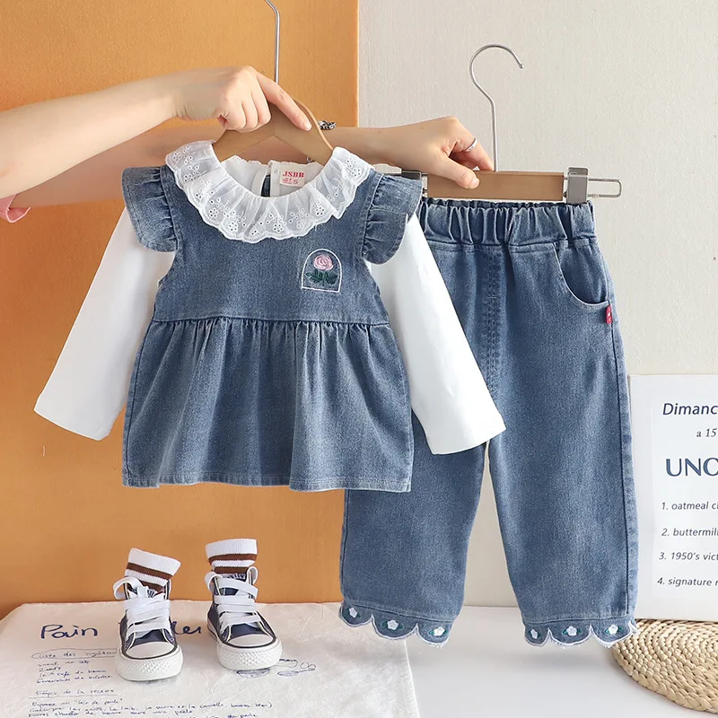 

Girls Denim Clothes Sets Spring Autumn Children Cute Dress Vest Shirts Pants 3pcs Princess Suit For Baby Outfits Kids 3 4 5Y Set