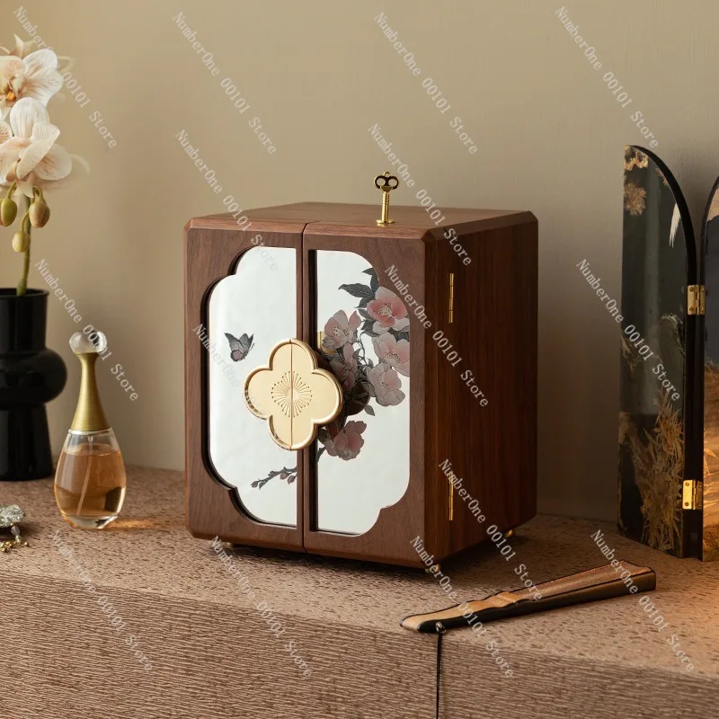 Wooden Jewelry Box with Lock Solid Wood Storage Organizer Chinese Style Jewelry Case Handmade Jewelry Storage Box Wedding