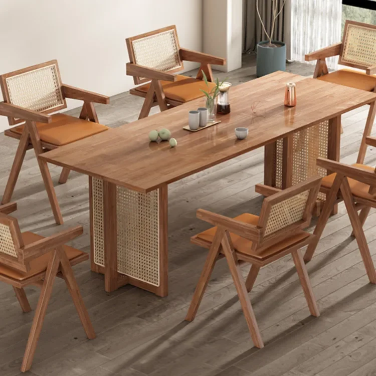 

Solid Wood Dining Table Household Small Apartment Rattan Table Rectangular Homestay Nordic Combination Dining Table And Chairs