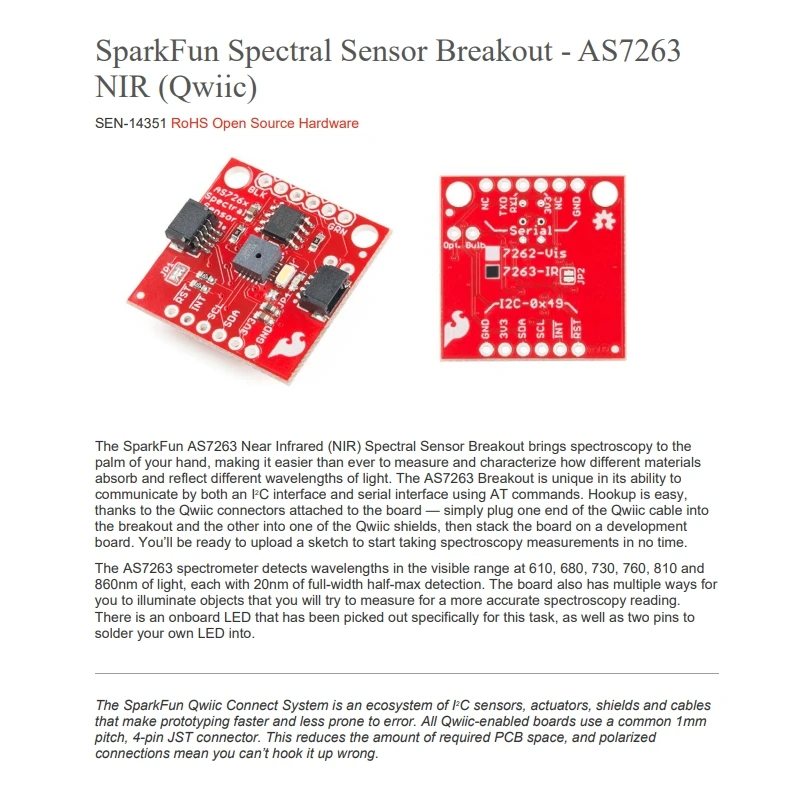 SEN-14351 SparkFun Spectr Sens Breakout AS7263 NIR 	Optical Sensor Development Tools
