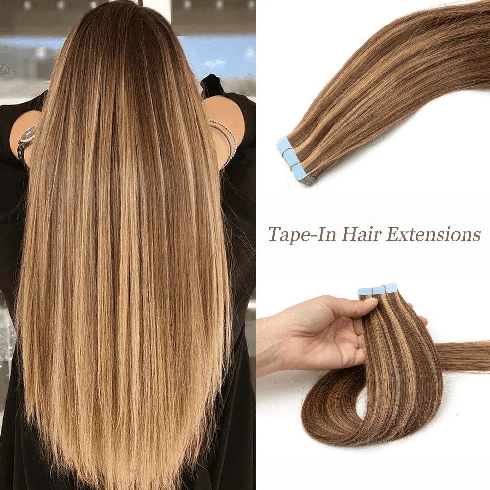 

Brown Mixed Blonde Tape in Virgin Human Hair Extensions Seamless Adhesive Tape Human Hair Natural Straight Machine Remy Tape on