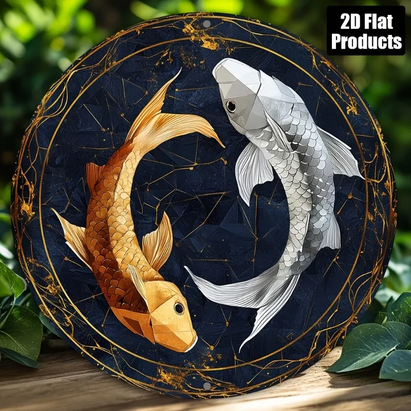 2D Flat, Pisces Theme Round Aluminum Metal Decorative Sign Plaque, Home Decoration Suitable for Bar Cafe Room Office Decor