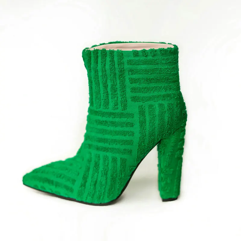 Terry Towel Furry Fabric Pointed Toe Block High Heels Sexy Office Lady Pumps Green Sky Blue Orange Ankle Stiletto Women Boots