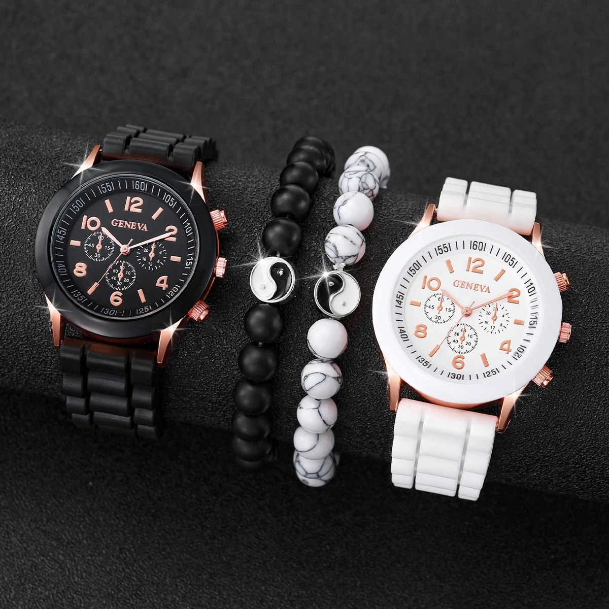 4PCS/Set Women\'s Fashion Watch Silicone Strap Couple Quartz Watch With Black White Bagua Beaded Bracelet