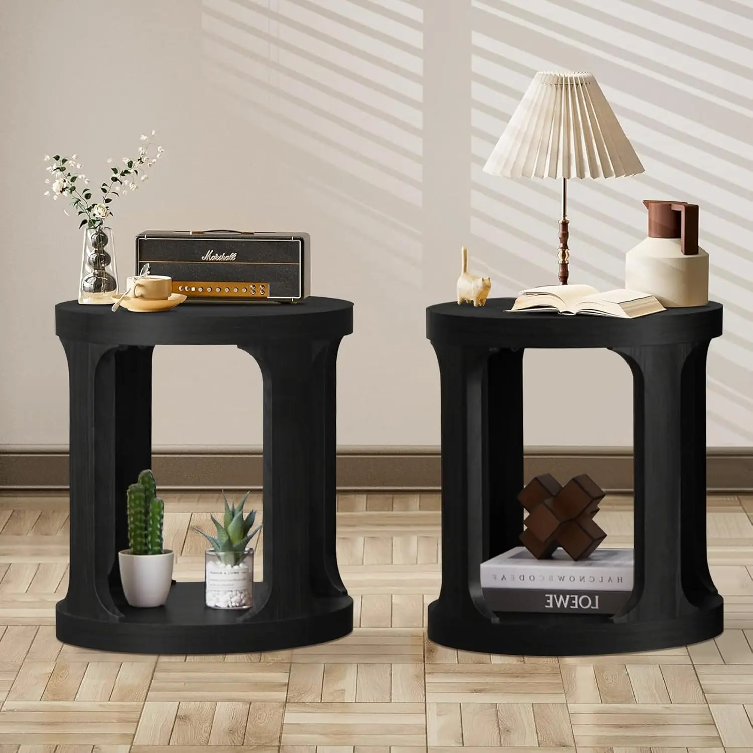 End Table Set Of 2, Round Side Table With 2-Tier Storage, Accent Sofa Table For Living Room (Black)