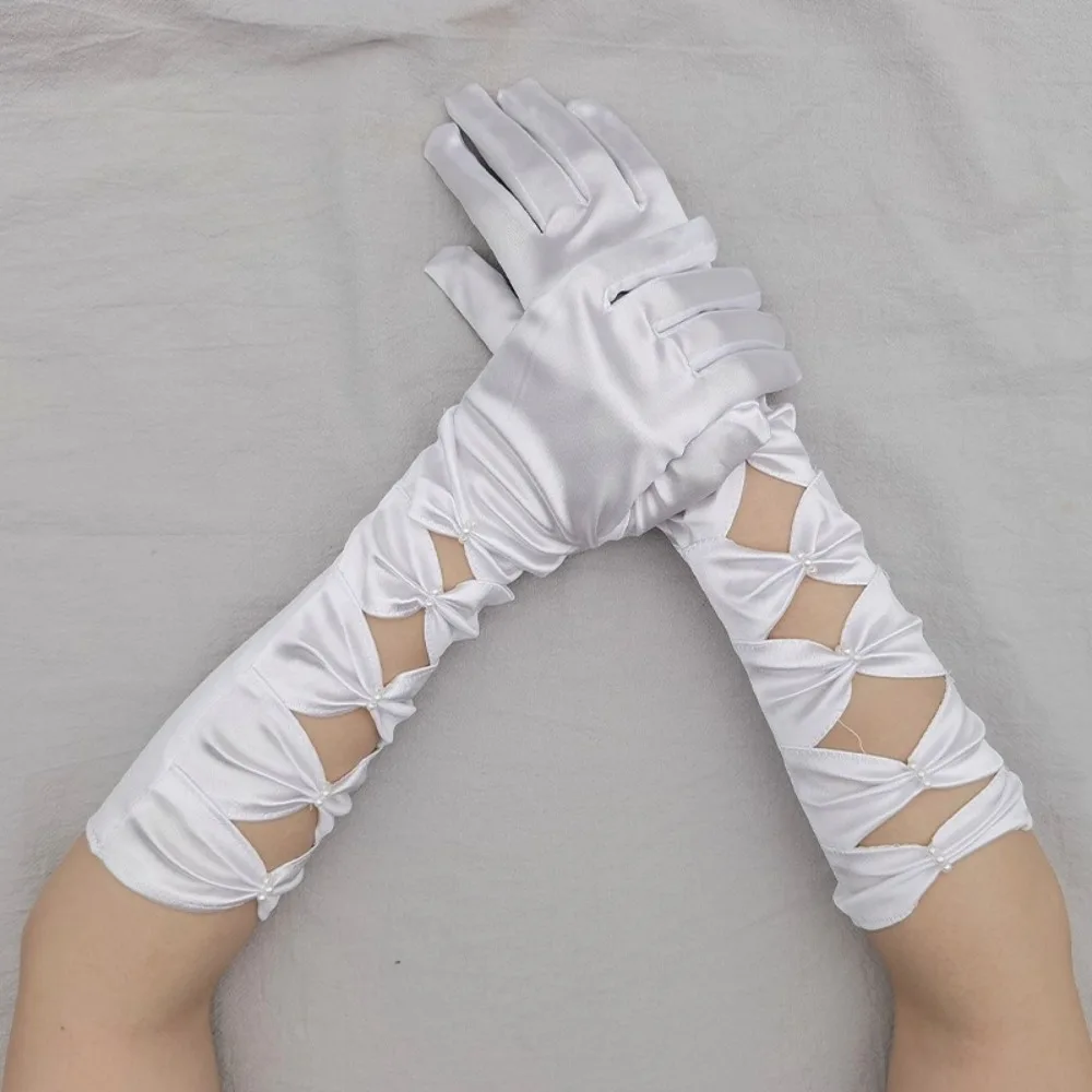 우아한 여성 긴 장갑 탄성 여성 봄 여름 전체 손가락 장갑 빈티지 새틴 웨딩 드레스 장갑 파티 용품