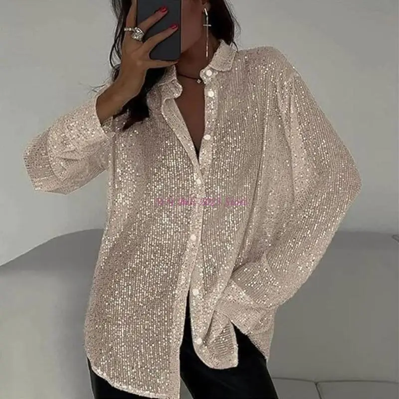 49ME Womens Sequins Long Sleeve Collared Shirts Button Down Open Front Shirt Loose Blouses Glitter Button Down Shirt