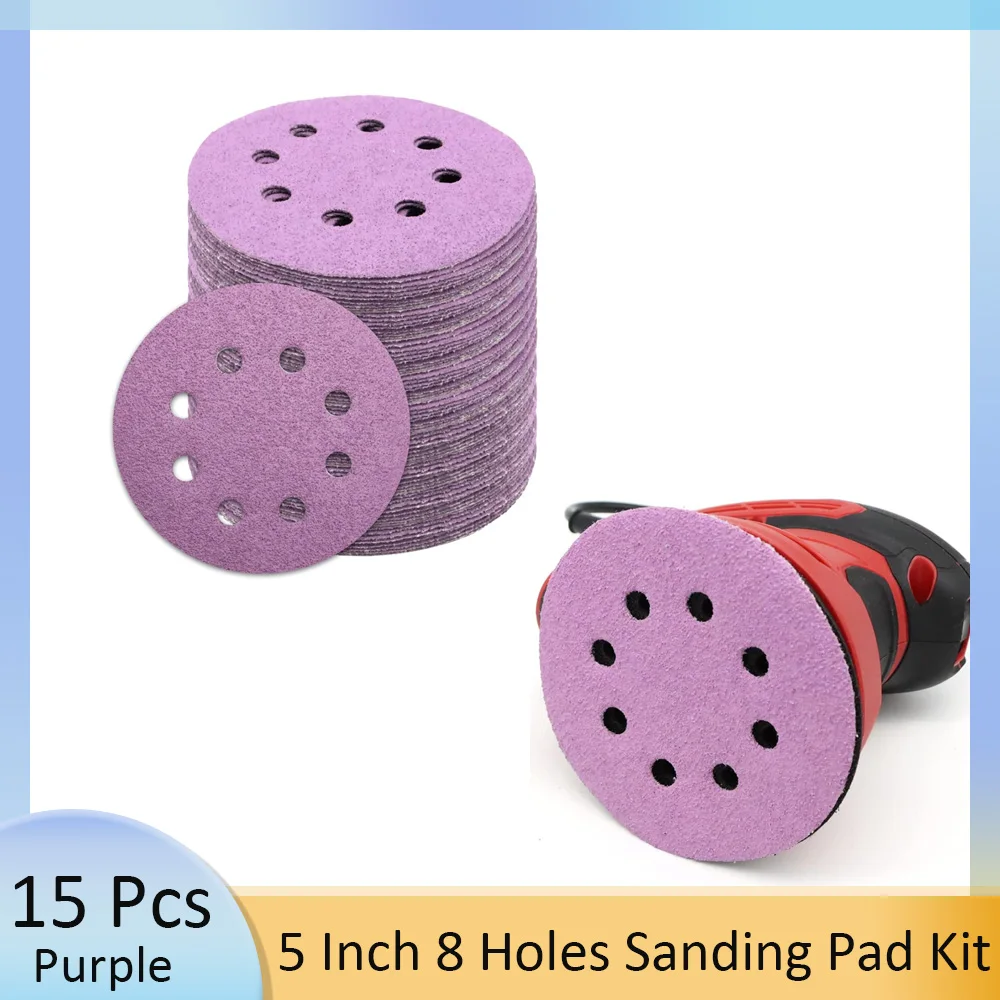 125mm 15Pcs 5 Inch 8 Hole Sanding Discs Set Hook&Loop 60-800 Grit Sandpaper Aluminum for Wood Metal Car Polishing