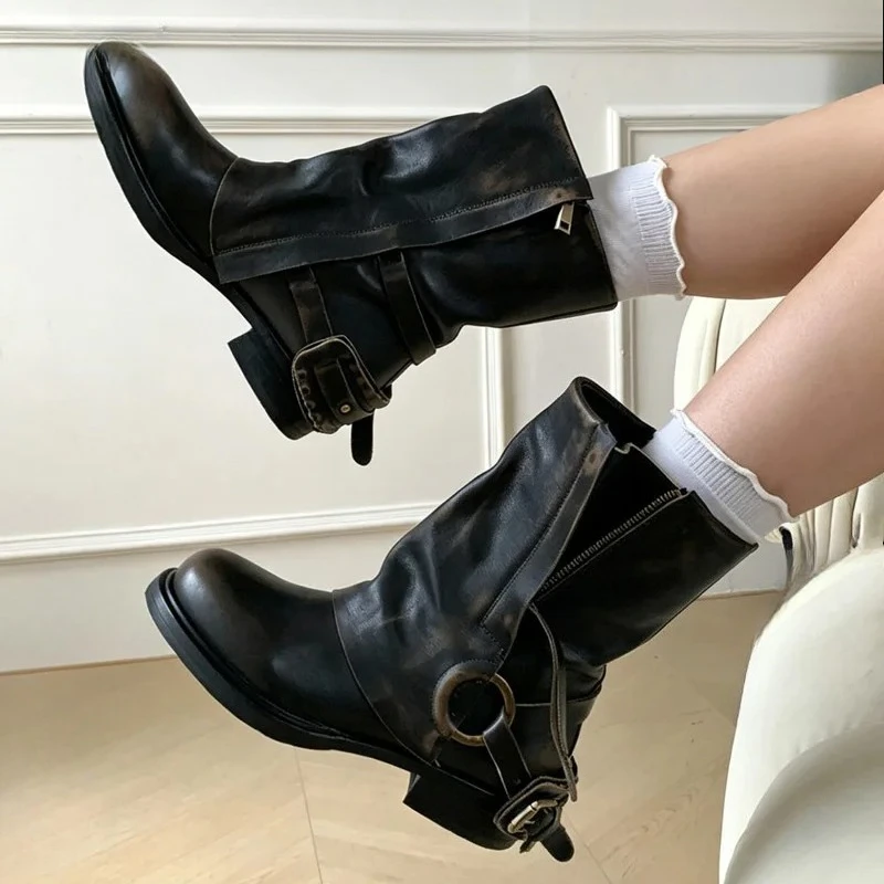 Aneikeh  Round Toe Zipper Buckle Square Heels Winter Vintage Punk Pleated Women Ankle Boots Color Blocking Western Boots Mujer