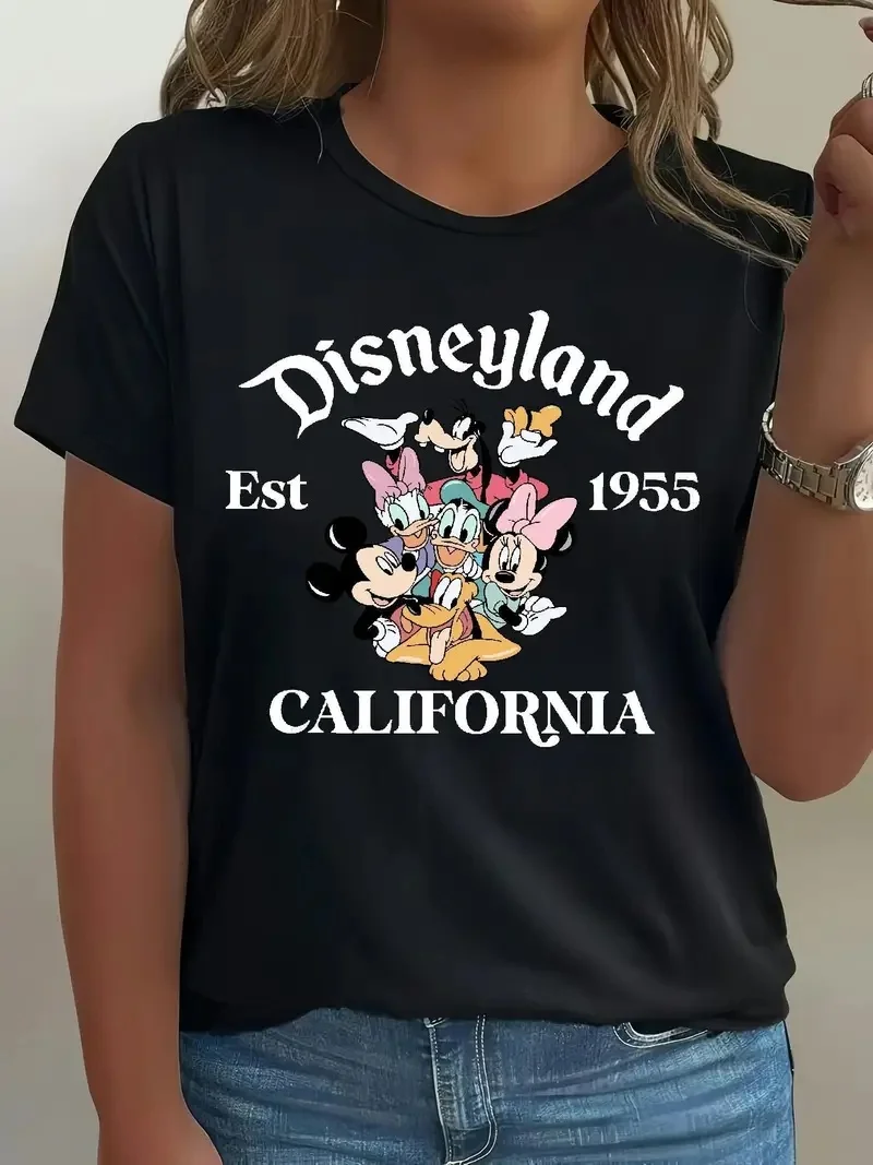 

2025 Disney Pattern Printed Women's Casual Comfortable Unique Smiling Face Black Round Neck Short Sleeve T-shirt
