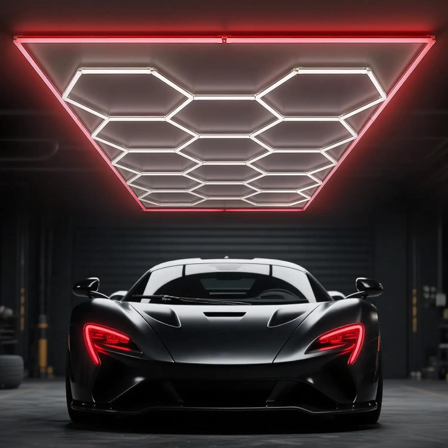 14x Sechseckige Garagenbeleuchtung LED-Deckenleuchten Deckenlampe LED-Lichtröhren, Roter Lichtrahmen für Garage Autoausstellung 6500K