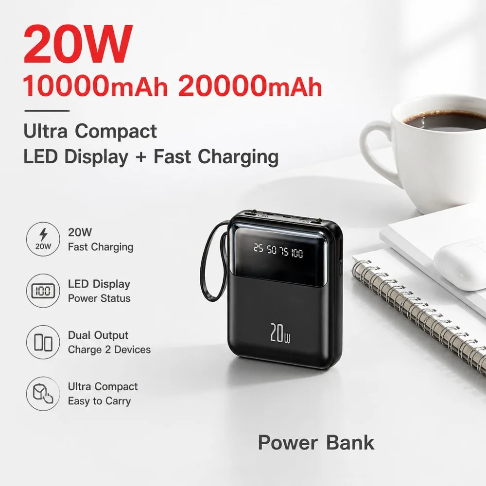 20000mAh Power Bank Built-in 4 Cables Portable Charger Compact Fast Charging LED Display for Samsung iPhone Android Travel Cute