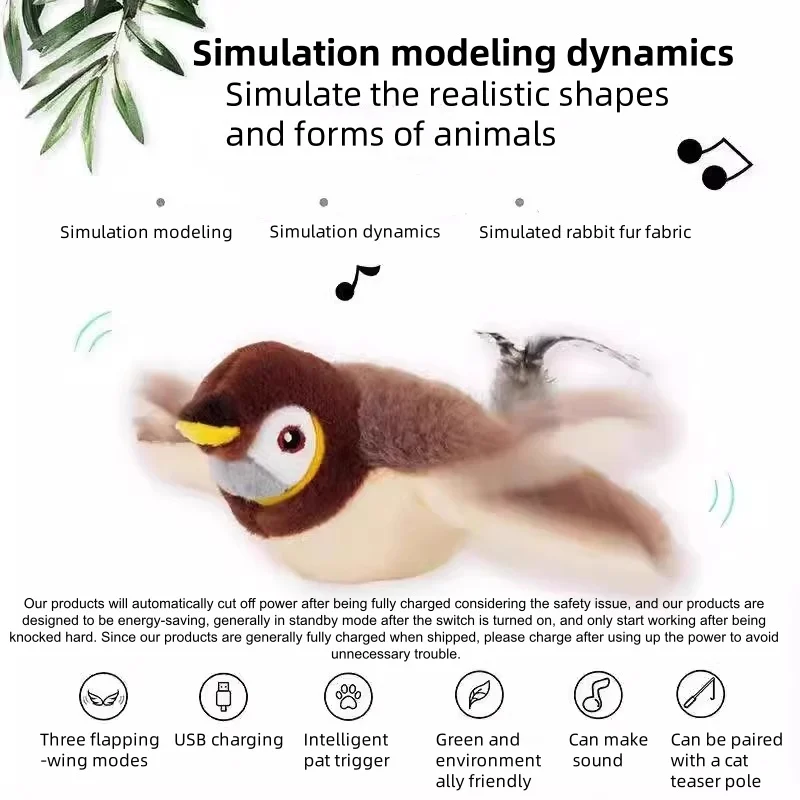 Juguete Interactivo para Gatos y Perros, Pájaro Simulado Recargable con Sonido y Movimiento (No Vuela), Juguete de Peluche Activado por Tacto para Mascotas