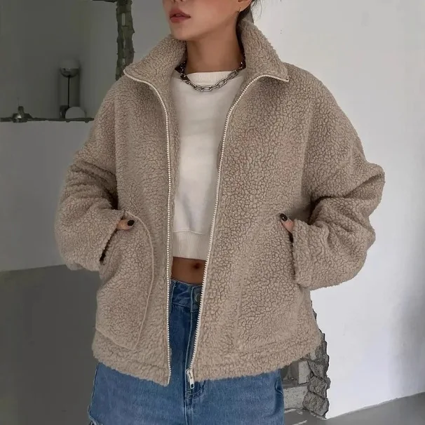 

Women's autumn and winter new product imitation lamb wool fashionable casual shoulder sloping pocket jacket warm jacket