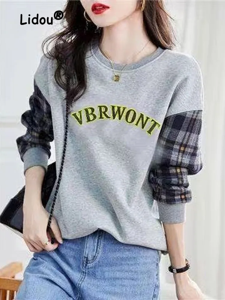 Autumn New Fashion Printing Letter Patchwork Sweatshirts Women Classic Long Sleeve Lattice Plush All-match O-collar Top 2022