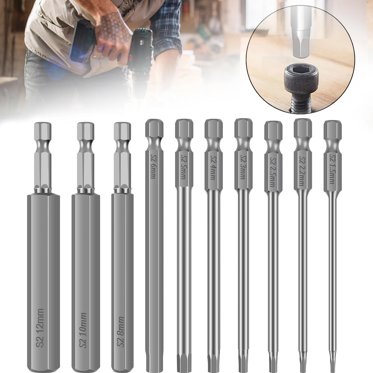 

10Pcs Screwdriver Bit Set S2 Steel High Hardness Allen Wrench Drill Bit Set Multiple Size Quick Release Hex Bits Set for