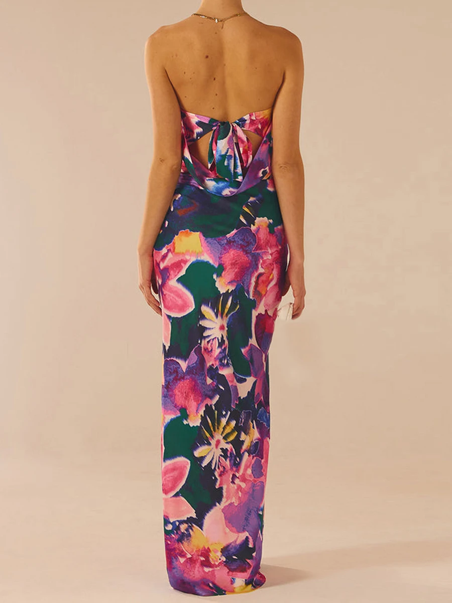 Elegantes schulterfreies Maxikleid mit Boho-Blumendruck und Schnürung am Rücken für sommerliche Hochzeits- oder Urlaubs-Strandpartykleidung