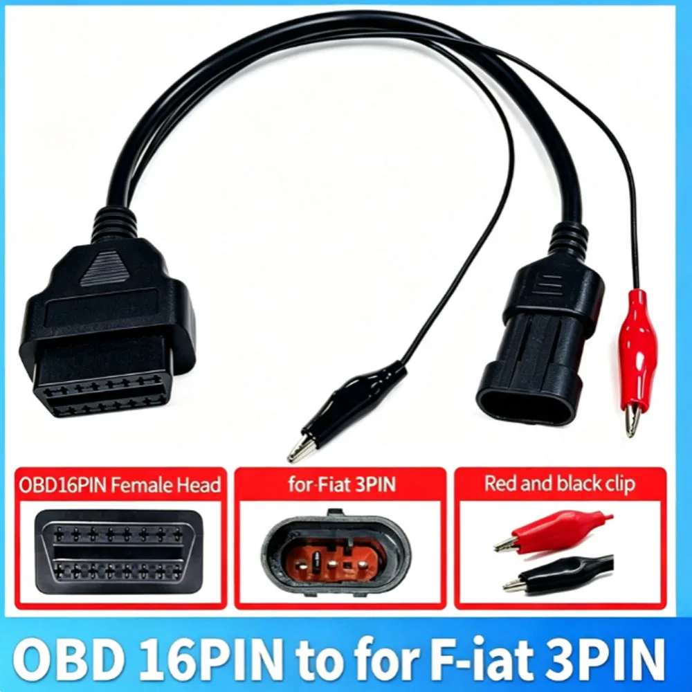 OBD2 16PIN Female Connector to for Fiat 3PIN Car Diagnostic Adapter Cable Auto OBD Test Extension Wire With Power Alligator Clip