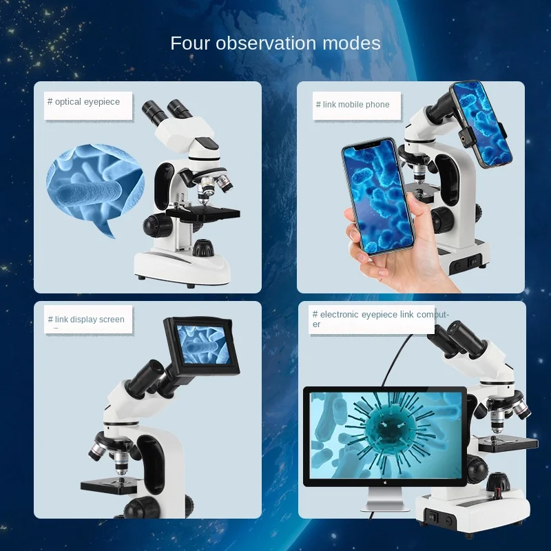 40X-1000X composite binocular microscope, dual LED illumination, with microscope slide, mobile phone holder, sample