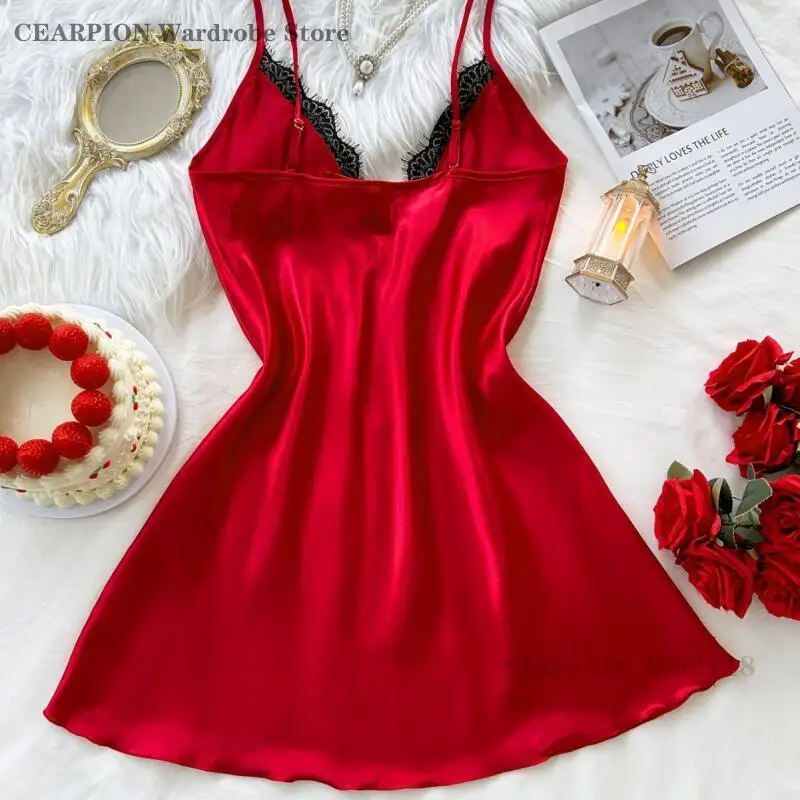 Lace Edge Nightgown for Women Red Suspender Nightgown Spring Summer Sexy Sleepwear Satin Thin Home Wear Lingerie Loungewear