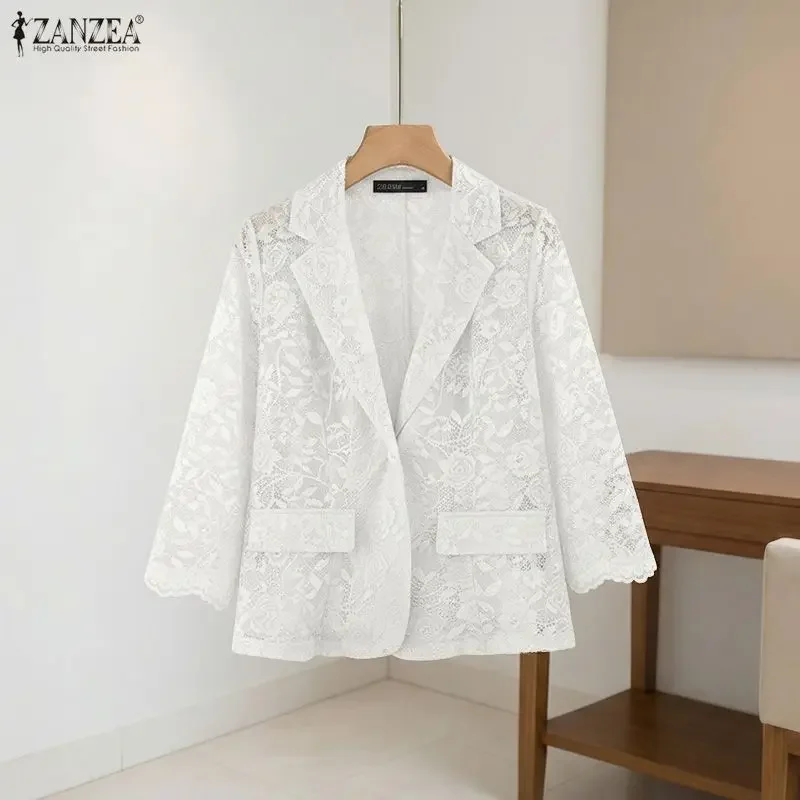 

Summer Spring ZANZEA Fashion Lace Blazer 3/4 Sleeve Women Blazer OL Work Tops See-through Blazer Oversize Party Suits