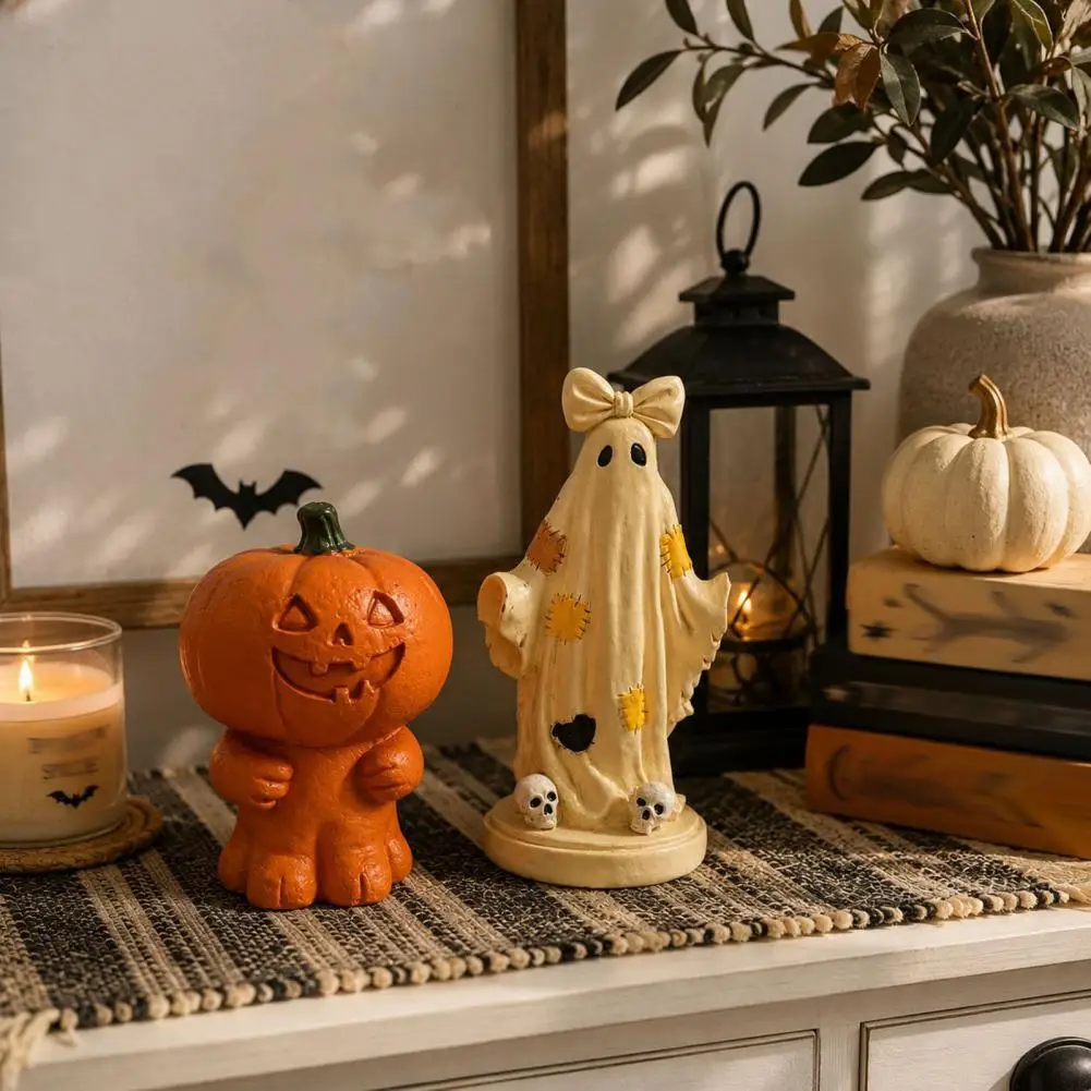 Pumpkin Man Ghost Figurines Fashionable Resin Collectibles Halloween Patchwork Ghost Figurine Pumpkin Man Resin Statue for Home