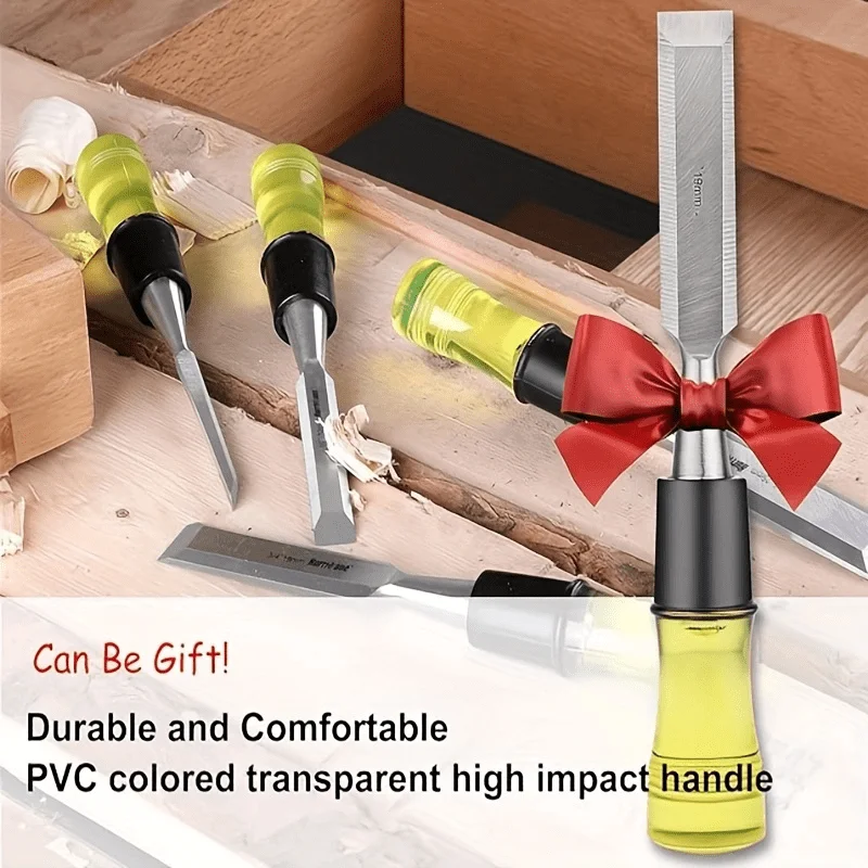 Set di scalpelli per legno da 4 pezzi per la lavorazione del legno Lama con bordo smussato in acciaio CR-V Utensile manuale per scalpello per legno con manico ad alto impatto in PVC durevole