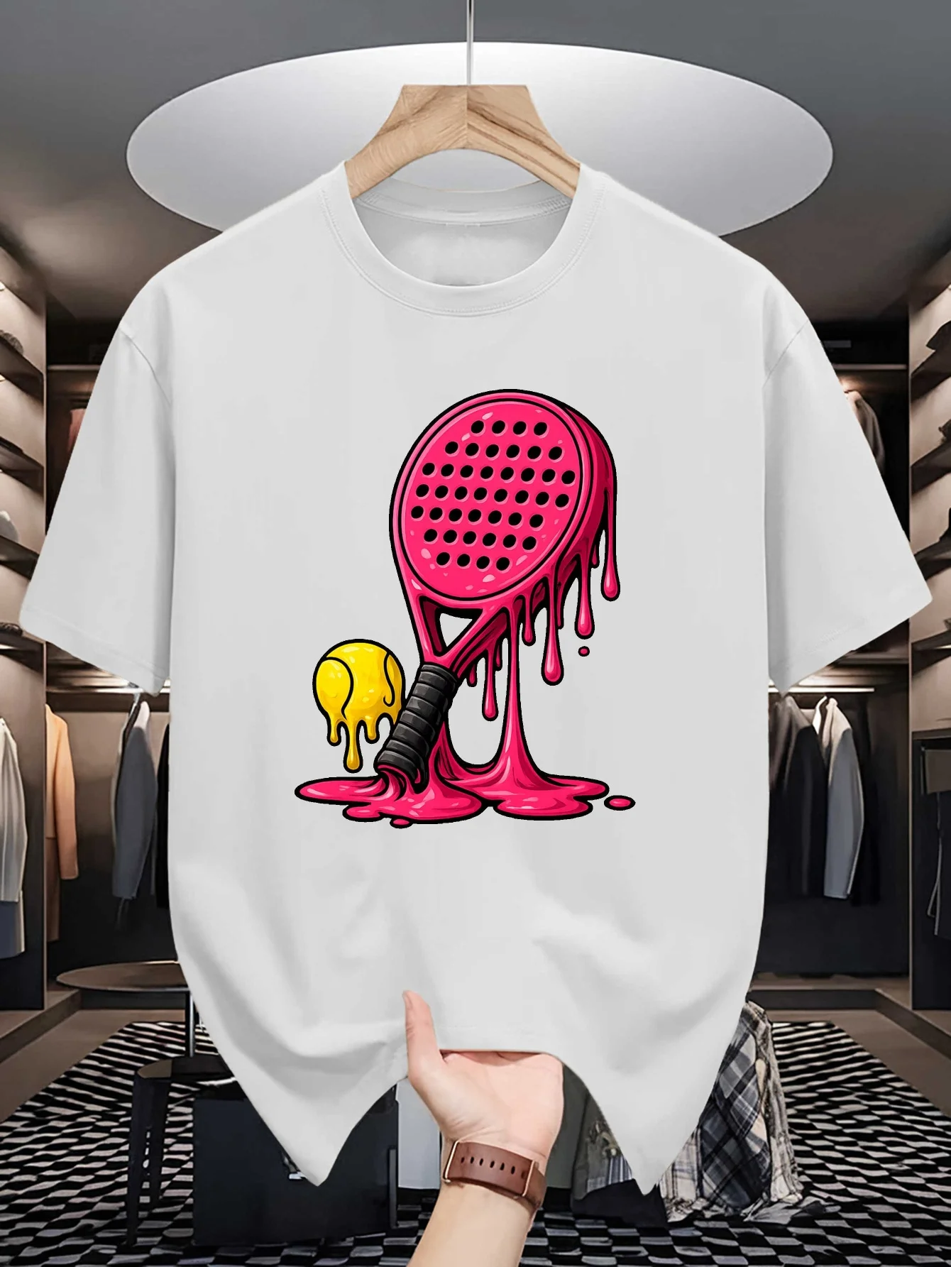 Mens Dripping Melting Padel Racket Ball Graphic Tee Liquid Sport Print O Neck Short Sleeve Cotton Tops For Padel Enthusiast Fan