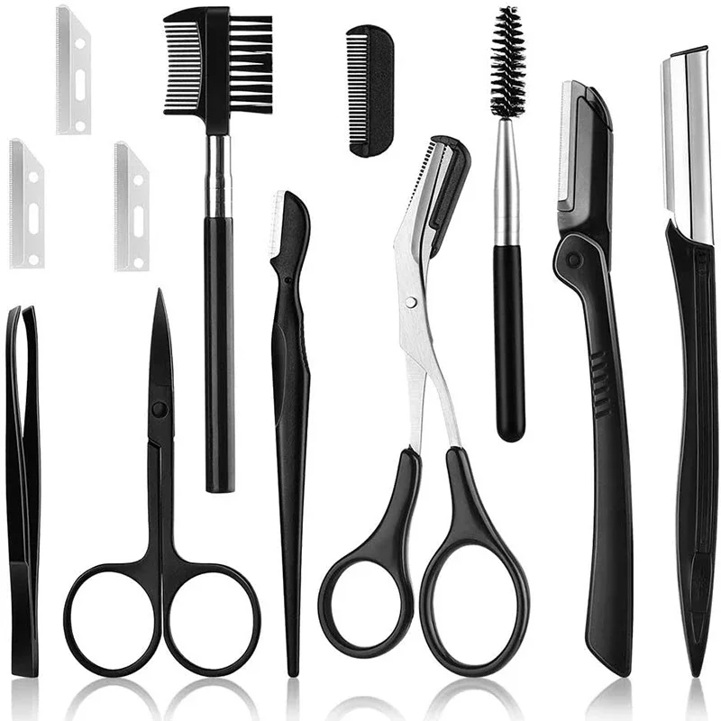 

12pcs Eyebrow Trimmer Set Professional Eye Brow Razor Tweezers Kit Eyebrow Comb Clip Shaping Knife Scissors Makeup Tools Sets