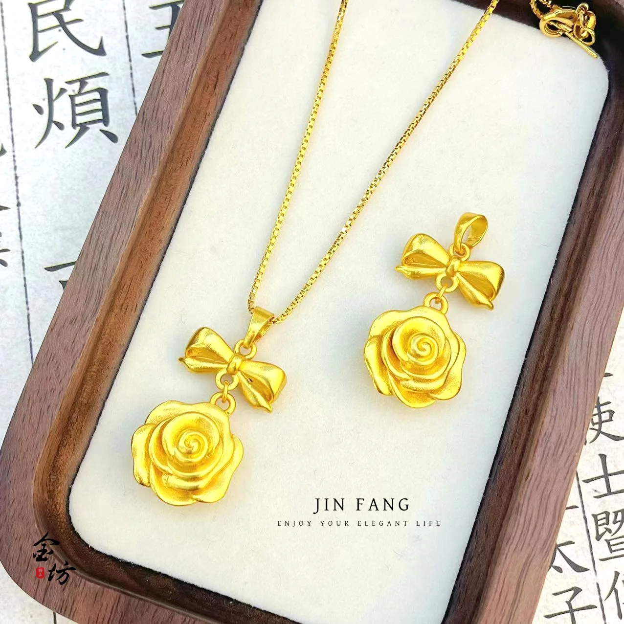 

Gold shop 24K real gold bow rose pendant au999 pure gold national style women's necklace clavicle chain